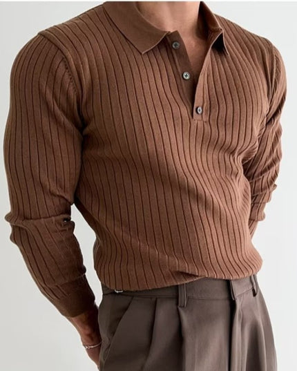 Lapel Button Long Sleeve Polo Shirt Slim Fashion Solid Striped Knitted Bottoming Shirt Top Men's Clothing