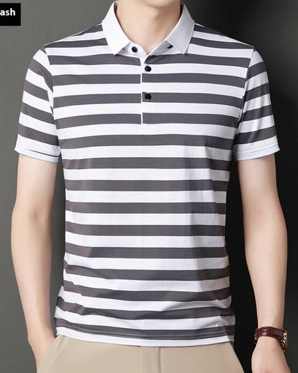 Summer Short-sleeved T-shirt Men's Cotton Ice Silk Polo Collar Stripes Youth Undershirt