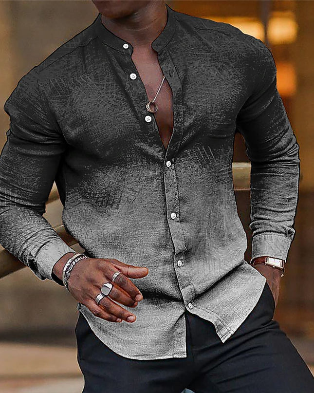 Gradient Men's Casual Long Sleeve Stand Collar Shirt