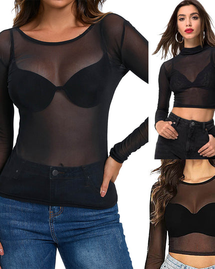 Simple And Sexy Slim-fit See-through Tight Long Sleeve Mesh Top For Women