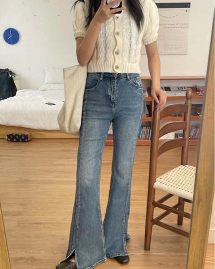 High-waisted, High-elastic, Slim-fitting, Brushed-color, Split-flared Jeans