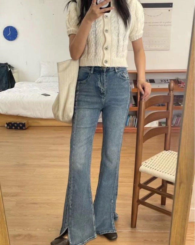 High-waisted, High-elastic, Slim-fitting, Brushed-color, Split-flared Jeans