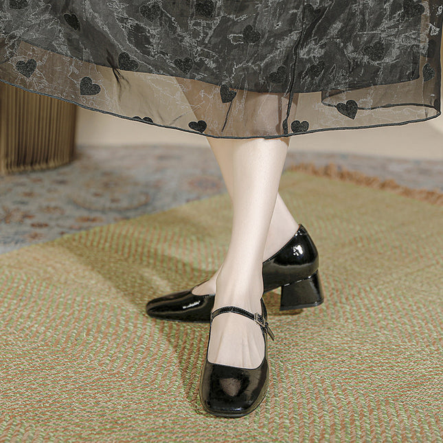 Square Toe Patent Leather Buckle With Pearl Mary Jane Shoes Women