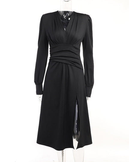 Pleat And Waisted Lantern Sleeve Dress Simple Adult Lady Like Woman Style