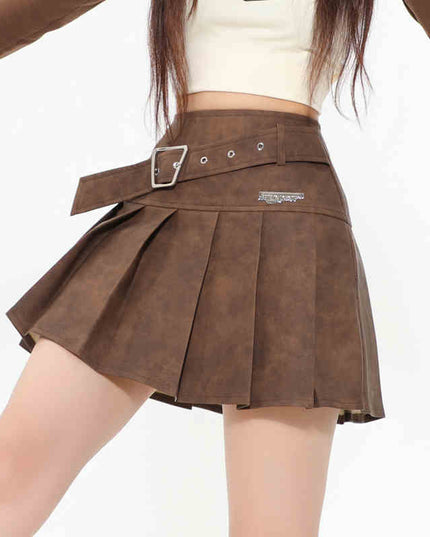 PU Leather Skirt High Waist Slimming A- Line Pleated Skirt