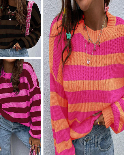 Autumn And Winter New Contrast Color Loose Shoulder Striped Pullover Sweater