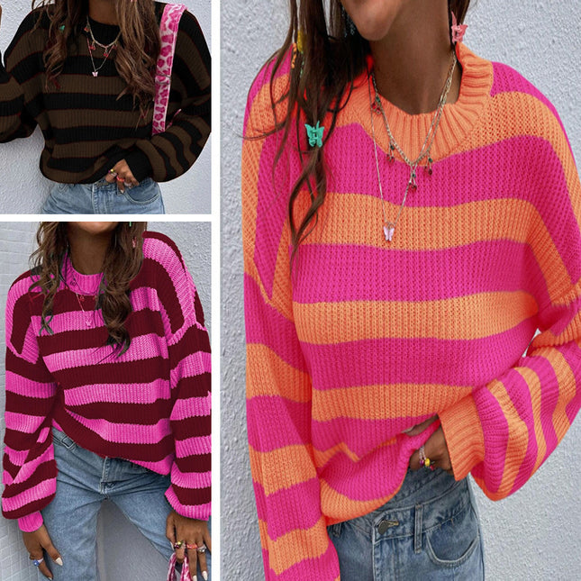Autumn And Winter New Contrast Color Loose Shoulder Striped Pullover Sweater