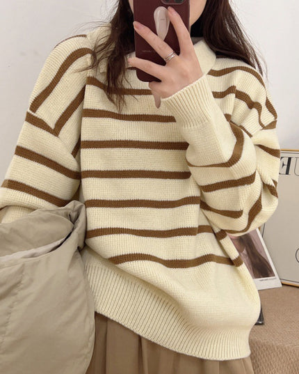 Retro Lazy Style Contrast Color Striped Collar Knitted Sweater
