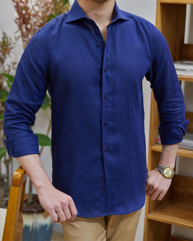 Men's Cotton Linen Casual Solid Color Long Sleeve Shirt