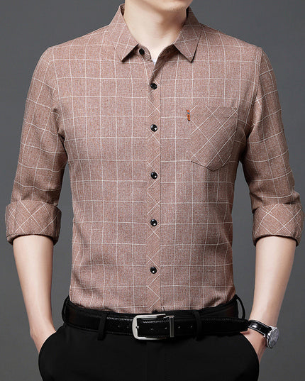 Linen-like Plaid Long-sleeved Shirt For Middle-aged Men