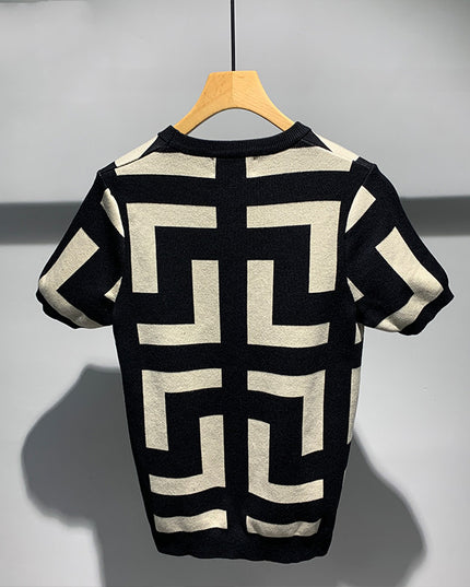 Men's New Fashion Versatile Geometric Jacquard Sweater Half Sleeve Round Neck