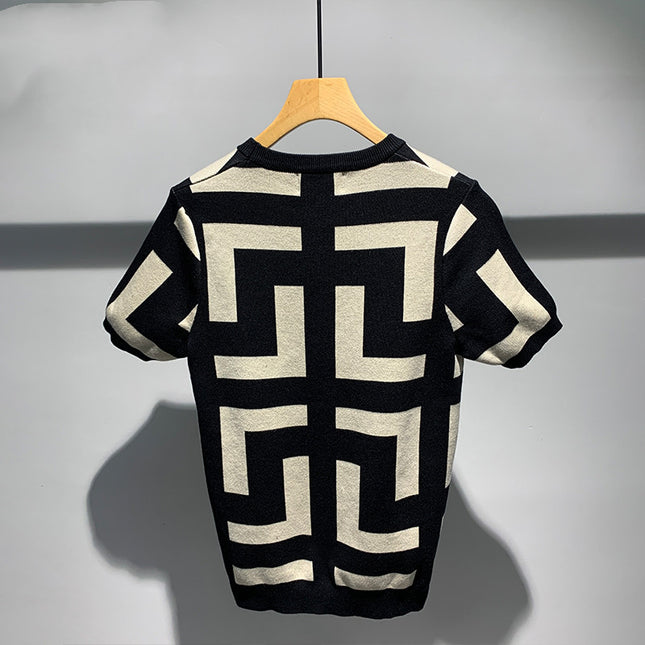 Men's New Fashion Versatile Geometric Jacquard Sweater Half Sleeve Round Neck