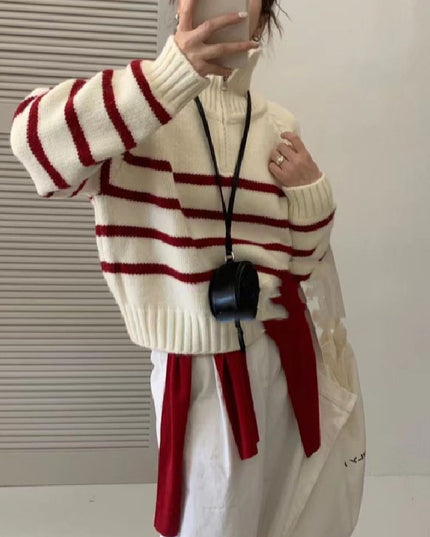 Korean Style Half Turtleneck Zipper Pullover Knitting Vintage Stripe Sweater
