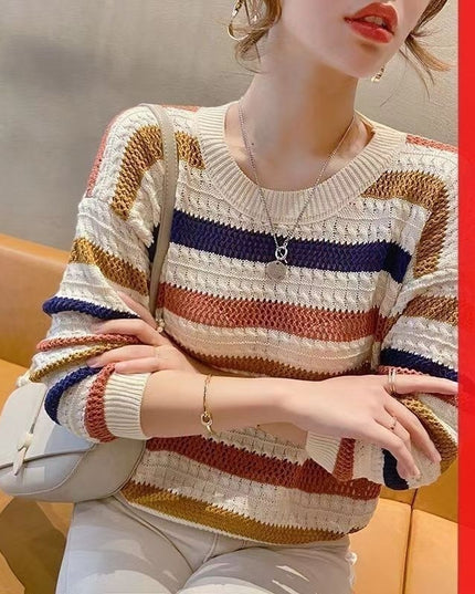 Loose Short Hollow Color Striped Sweater
