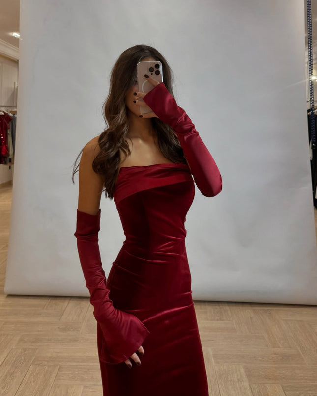 Burgundy Velvet Strapless Maxi Dress