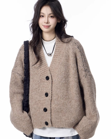 V-neck Knitted Cardigan Coat Women's Idle Style Loose Sweater