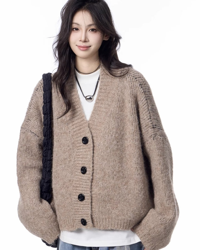 V-neck Knitted Cardigan Coat Women's Idle Style Loose Sweater