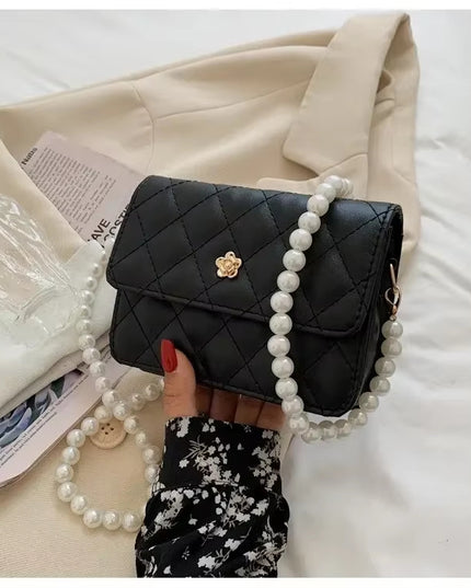 New Diamond Grid Pearl Chain Women's Cross-body Bag