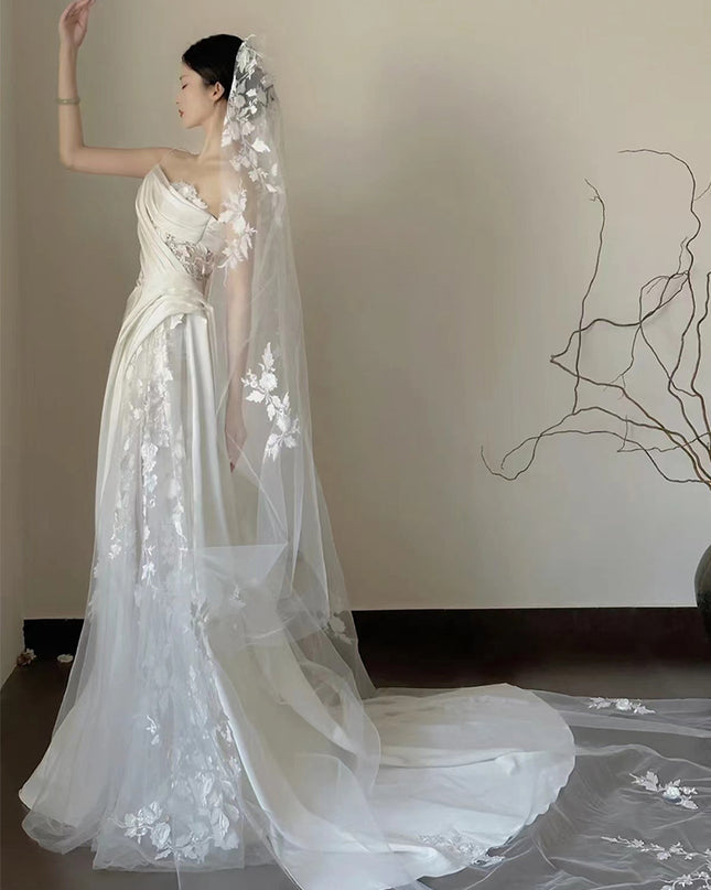 Satin Lace Wedding Veil Tube Top Fishtail Wedding Dress