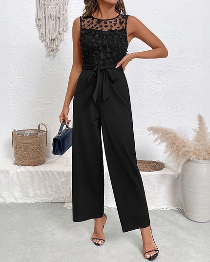 Lace Patchwork Round Neck Sleeveless High Waist Straight Women's Jumpsuit