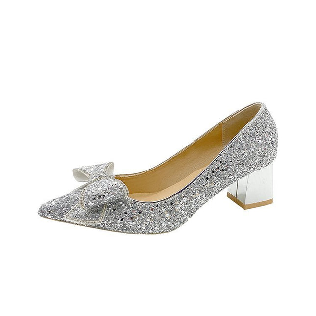 Crystal Sequins Wedding Xiuhe Chunky Heel Pointed-toe Shoes