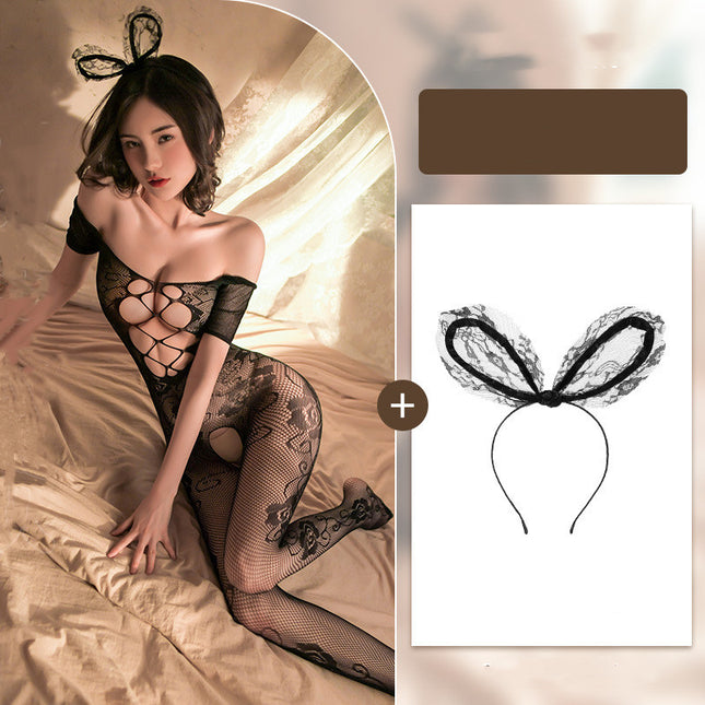 Transparent Temptation Hollow Jacquard  File One-piece Sexy Stockings