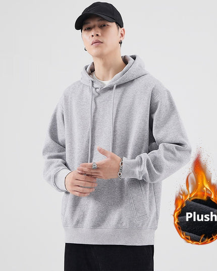 Spring And Autumn Velvet Padded Hooded Sweatshirt Men's Solid Color Pullover Hoodie Jacket