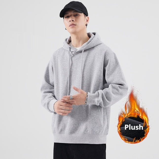 Spring And Autumn Velvet Padded Hooded Sweatshirt Men's Solid Color Pullover Hoodie Jacket