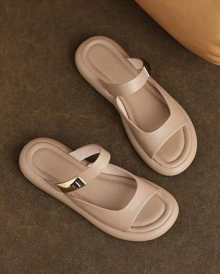 Peep Toe Flat For Outdoors French Soft Leather Platform Sandals