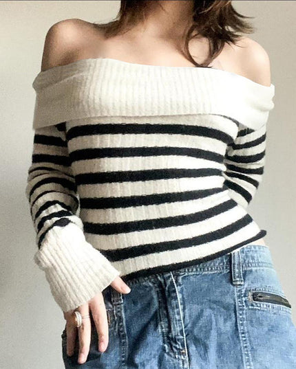 European And American Women's Clothing Contrast Color Striped Off-shoulder Sweater