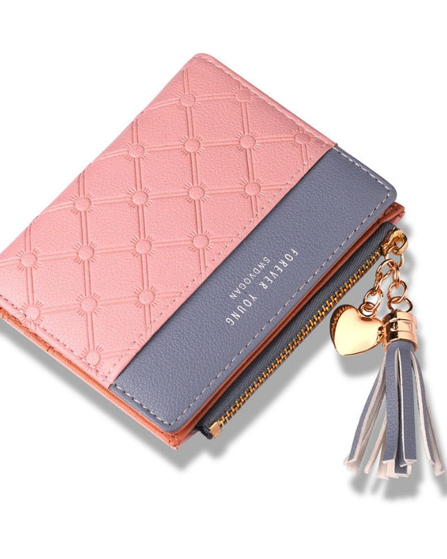 Contrast embossed zipper handbags tassels high-grade soft leather wallet simple coin purse