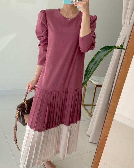 Round Collar Color Patchwork Pleated Dress Long Skirt Woman