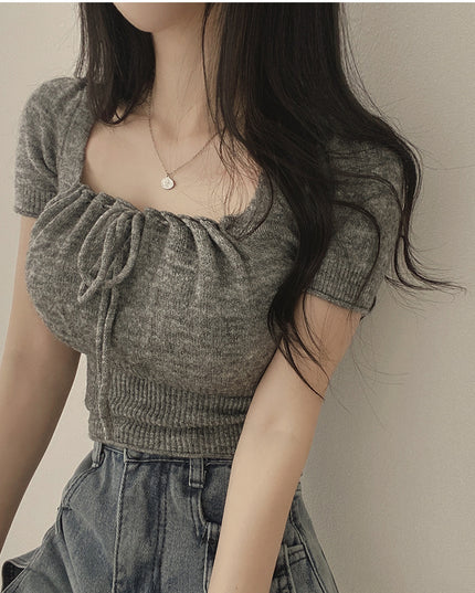 Square Collar Drawstring Short Knitwear Slim Top