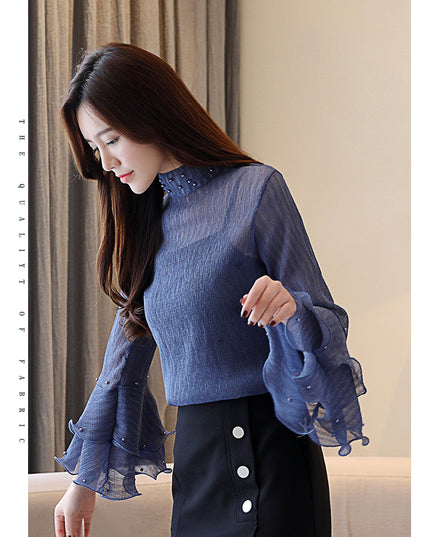 Stand collar beaded chiffon shirt