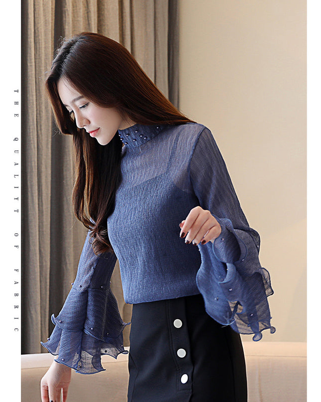 Stand collar beaded chiffon shirt