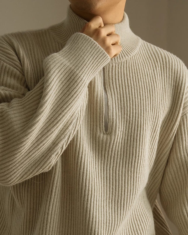 Lazy And Versatile Wool Turtleneck Half Loose Zip Sweater