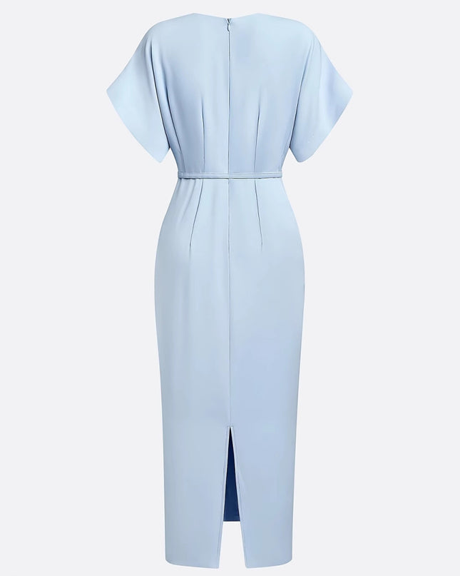 Elegant Classic V-neck Slim-fit Mid-length With Belt Dress