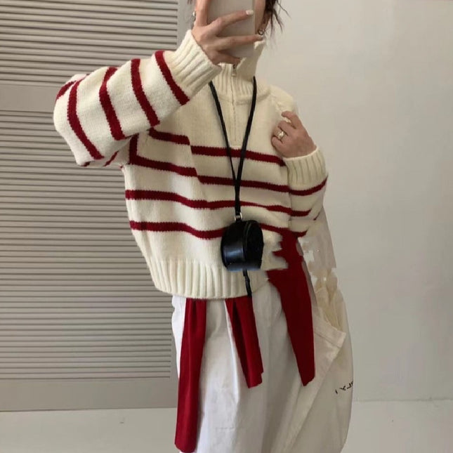 Korean Style Half Turtleneck Zipper Pullover Knitting Vintage Stripe Sweater