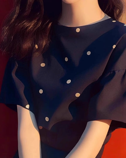 Black Dark Blue Polka Dot Short Sleeve T-shirt