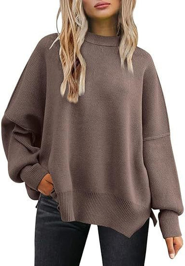 Thick Needle Side Slit Sweater Round Neck Loose Solid Color Batwing Long Sleeve Sweater For Women