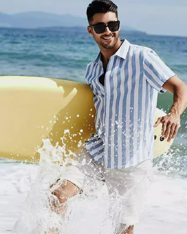 Casual Fashion Short Sleeve Striped Dress Shirt Cotton Beach Shirt