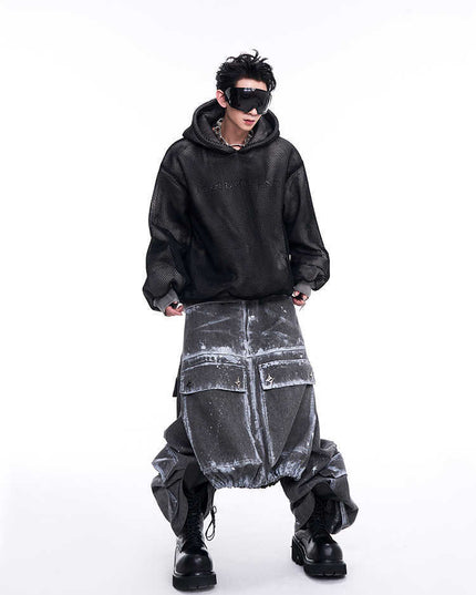 Niche Hollow Out Knitmesh Hooded Fleece Lined Sweater