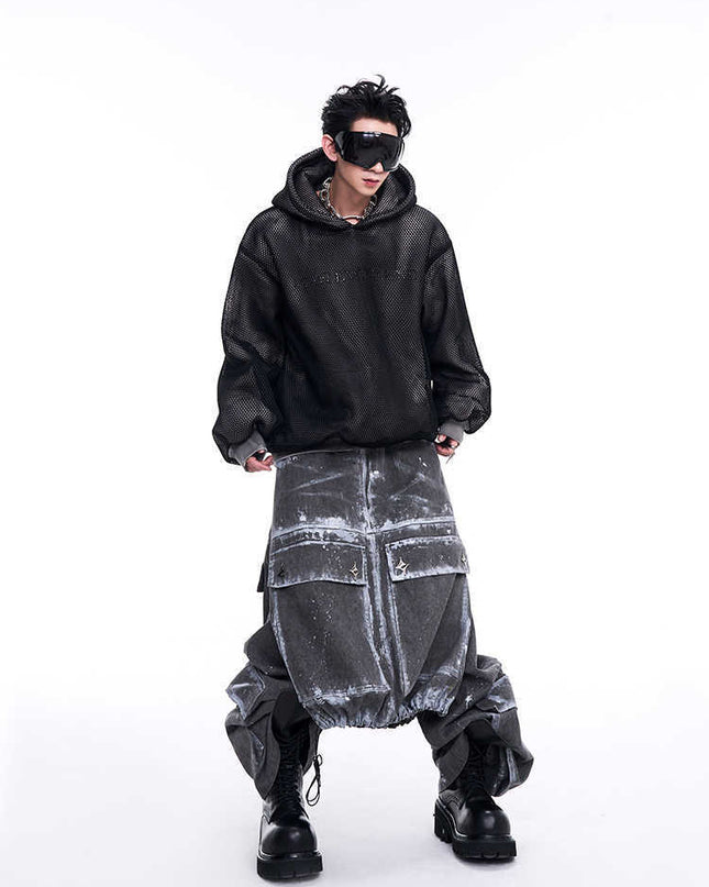 Niche Hollow Out Knitmesh Hooded Fleece Lined Sweater