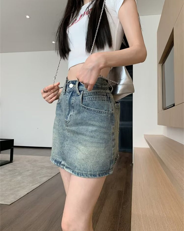 Summer Retro Hot Girl Denim Skirt With Lining High Waist Slim A-line Hip Skirt
