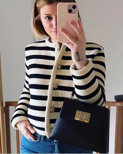 Buckle Striped Classic Style Knitted Cardigan Sweater Short Coat