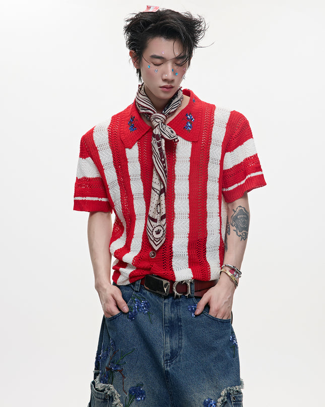 Men's Patchwork Striped Niche Retro Knitted Short Sleeved Shirt