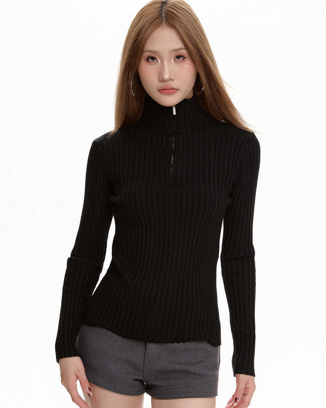 Black Long Sleeve Turtleneck Sweater Zipper Thickening Bottoming Shirt