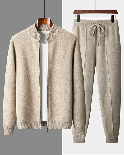 Wool Cardigan Men's Stand Collar Zipper Knitted Sweater Coat Warm And Loose Cashmere Pants Men