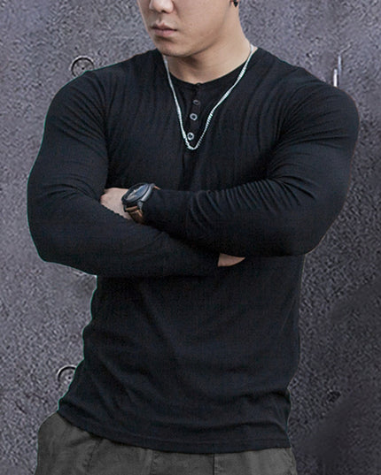 Men's High Elastic Solid Color Sports Casual Button Long Sleeve