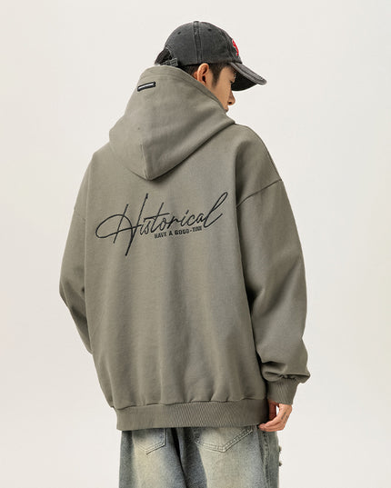 Retro Heavy Hooded Sweater Men's Autumn And Winter High Street American Letter Embroidery